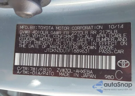 2015 Toyota Prius Two from USA, damaged, VIN JTDKN3DU1F1889631